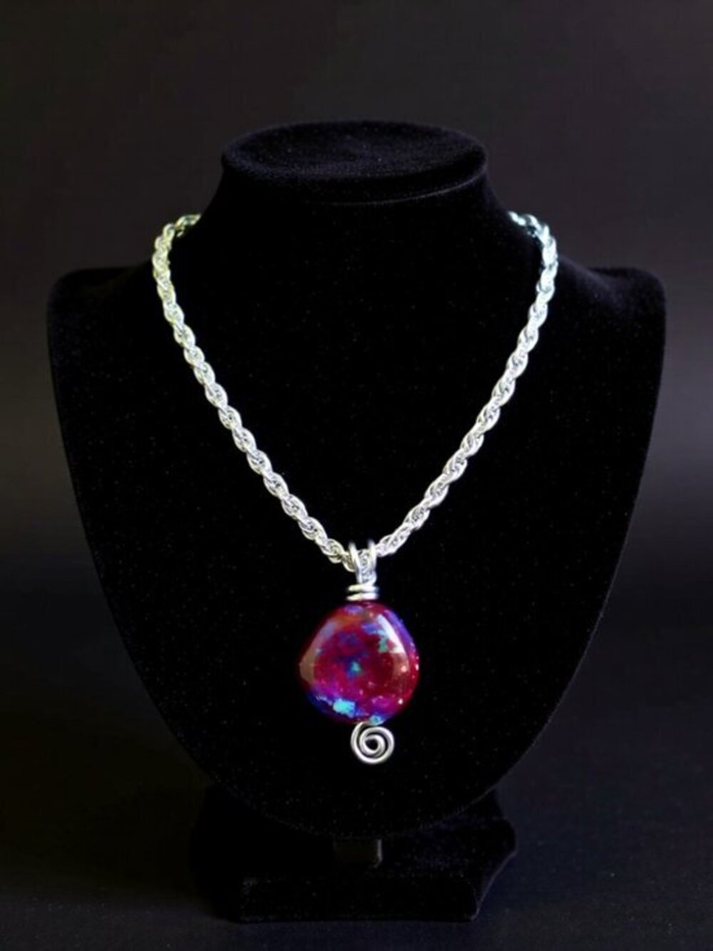 Burgundy Mauve & Aqua Pendant with thick Rope Chain - Boho Eclectic Festival